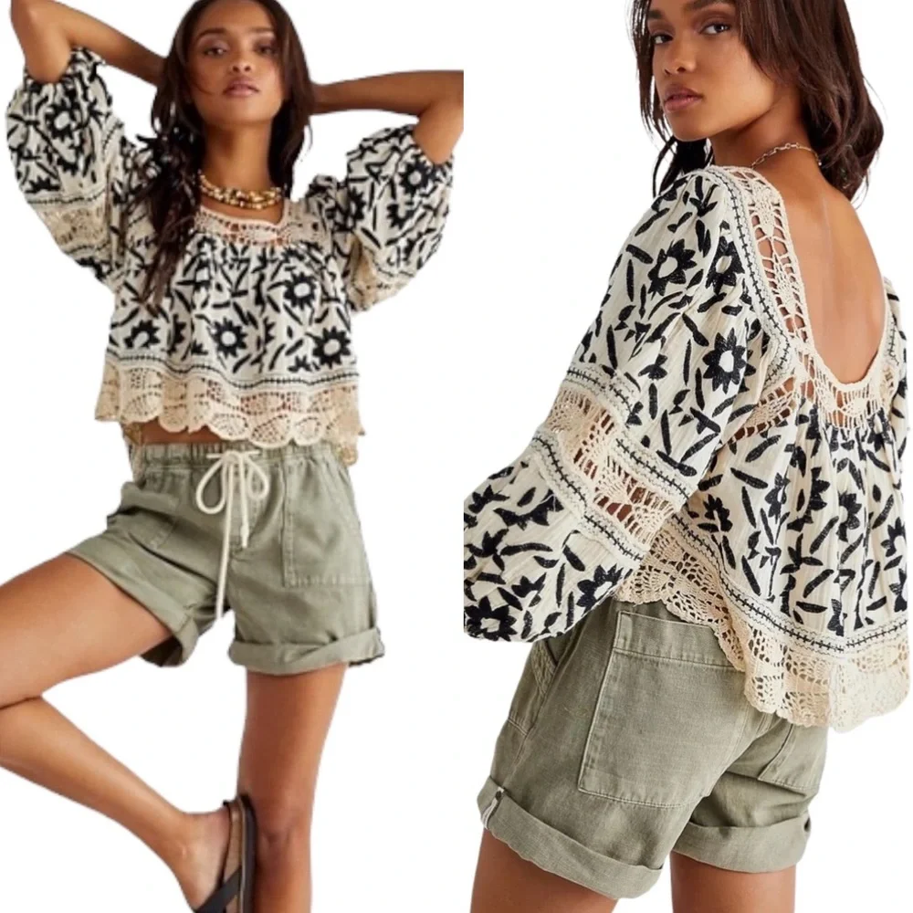 Free People Soleil Cotton Embroidery Crochet Trim Boho Top - Picture 1 of 16